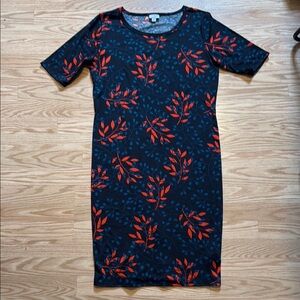 LuLaRoe Julia style Black Dress with Red and Blue Leaf Pattern